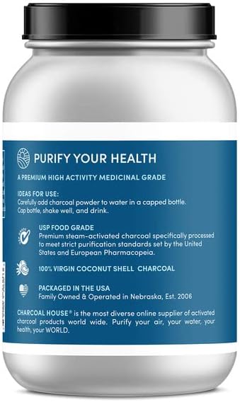 Charcoal House Detox and Cleanse USP Medical Grade Coconut Shell Activated Charcoal Powder - with High Adsorptive & Fast Acting Capacity - Powdered, Edible - 24 oz