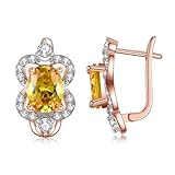Pendientes de aro de Oro Rosa de 9k para Mujeres, Flor Hueca con aretes ovalos de citrina y moissanite para Mujeres Rosas