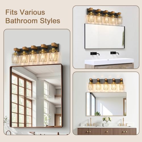 Image of IZORRO Farmhouse Bathroom Vanity Light, 5-Light Wood Bathroom Light Fixtures Over Mirror, Black and Gold Industrial Vanity Lights with Metal Shade, Rustic Restroom Lighting Fixtures