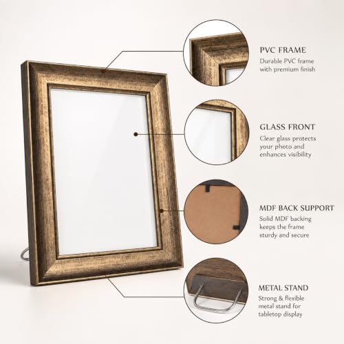 Image of GOLDEN PEACOCK 6x8 Inch Photo Frame - Antique Brown & Gold Wall Hanging and Tabletop Picture Frame with Glass Front for Home, Office, Living Room Decor