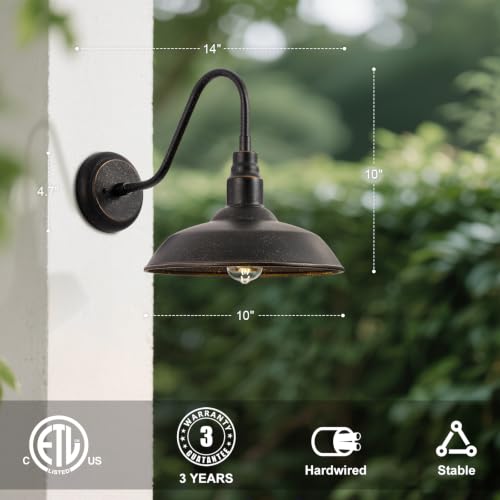 Image of Gooseneck Outdoor Light Fixture, 10 inch Dome Exterior Farmhouse Lights for Barn, Bronze Porch Lighting, Gooseneck Wall Sconce for Patio Garage House