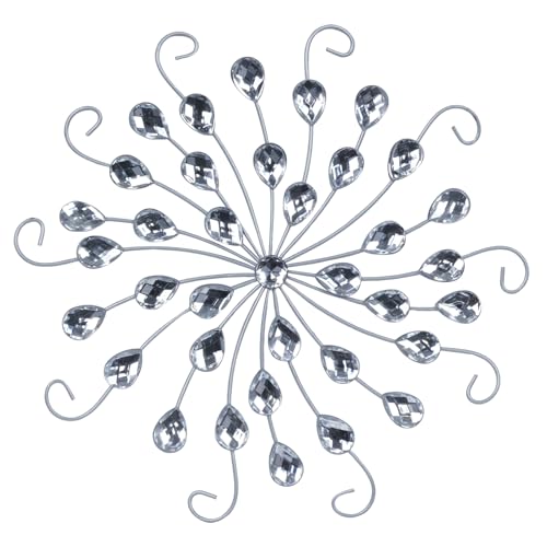 hogardeck Metal Flower Wall Decor, 11" Silver Metal Jeweled Wall Art Bling Crystal Home Décor, Sun Star Burst Rhinestone Wall Hanging Diamond Accents for for Indoor, Outdoor, Living Room, Bedroom