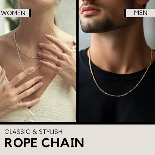 KISPER Solid 18K Gold Over 925 Sterling Silver Italian Diamond-Cut 1.5mm Braided Rope Chain Necklace - for Men & Women with Lobster Clasp - Made in Italy2