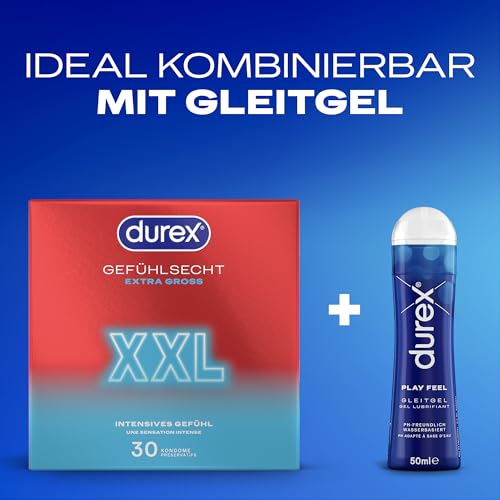 Durex Gefühlsecht XXL Kondome – Dünne Kondome mit großer Passform & mit Silikongleitgel befeuchtet, transparent, angenehmer Geruch - für einen komfortablen Sit – 30er Pack (1 x 30 Stück)