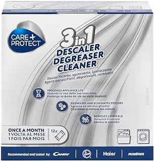 CARE + PROTECT 3 in 1 Washing machine/Dishwasher Cleaner, Limescale Remover, Degreaser, Hygienic Cleaner, Universal, 12 Sachets for 12 Months Supply