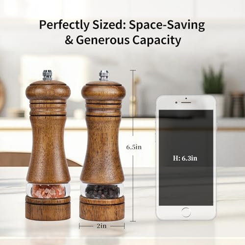 Image of Haomacro Pepper Grinder,Wood Salt and Pepper Grinder Mills Sets, Classic Manual Salt Grinder Refillable Pepper Mill Sets with Acrylic Visible Window Adjustable Ceramic Grinding Rotor 6.5inch 2 Pack