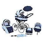 Lux4kids Retro Kinderwagen 17" Reifen Speichenräder Pannenfrei mit Sonnenschirm Classico Blue 01 4in1 Autositz +Isofix