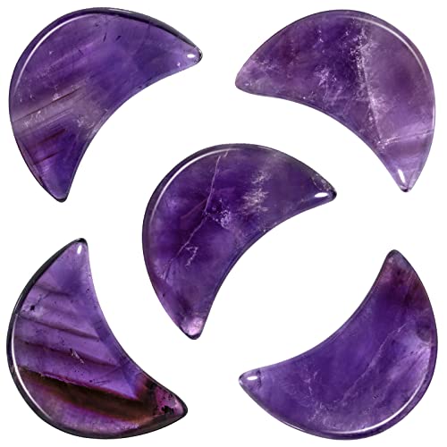 mookaitedecor Set of 5 Amethyst Moon Shape Palm Worry Stones for Anxiety and Jewellery Making Stone Pendant for DIY Necklace Reiki Chakra Healing Crystals Semi Precious Stones for Home Decor
