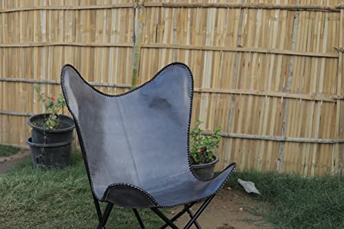 Leather Jackson Brown Butterfly Chair For Relaxing With Folding Iron Frame Vintage Chair Home Décor Genuine Grey Leather Butterfly Chair Handmade Leather Living Room (Grey With Side Stitching) #TOP5