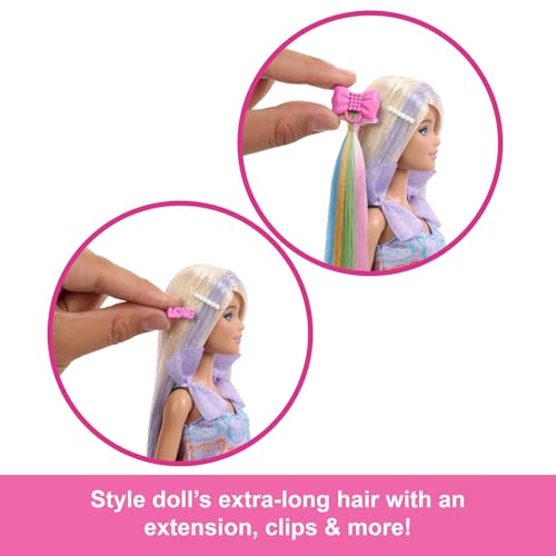 Barbie Fun & Fancy Doll & Accessories, Blonde Fashion Doll with Extra-Long Hair & 2 Looks, Including Silver Metallic Dress & Hair Extension, JCT72