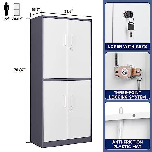 Yizosh Metal Storage Locking Cabinet With 4 Doors And 2 Adjustable Shelves,71" Lockable Garage Tall Steel Cabinet,For Home Office,Living Room,Pantry,Gym,Commercial Storage (Gray White) #TOP2
