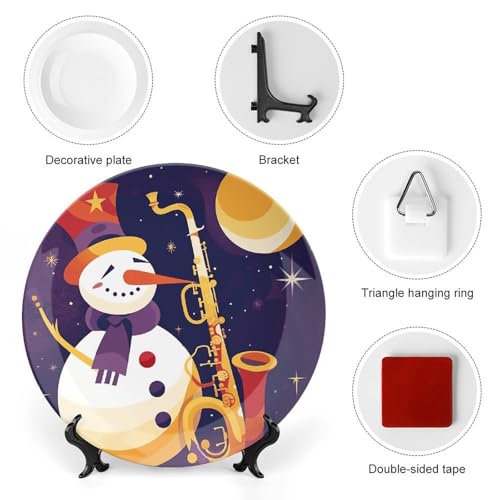 Plato de cerámica de muñeco de nieve con saxofón y soporte 4