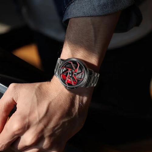 Image of FANMIS Men's Racing Car Wheel Watch 3D Spinning Dial Stainless Steel Watch | Creative 3D Spinning Car Quartz Large Skeleton Face and 30M Water Resistance Designed for Car Fans and Daily Wear.