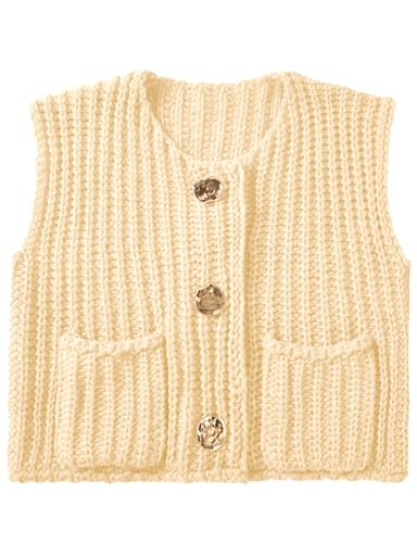 Image of Womens Cropped Sweater Vest Sleeveless Chunky Kint Cardigan Top Casual Warm Button Down Crop Tops with Pockets