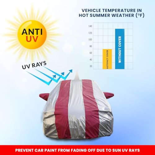 Image of Autofact Waterproof Car Body Cover Compatible with Hyundai Grand I10 (2013 to 2019) with Mirror and Antenna Pockets (Pink Stripes with Shinning Silver Fabric /Waterproof Cover)