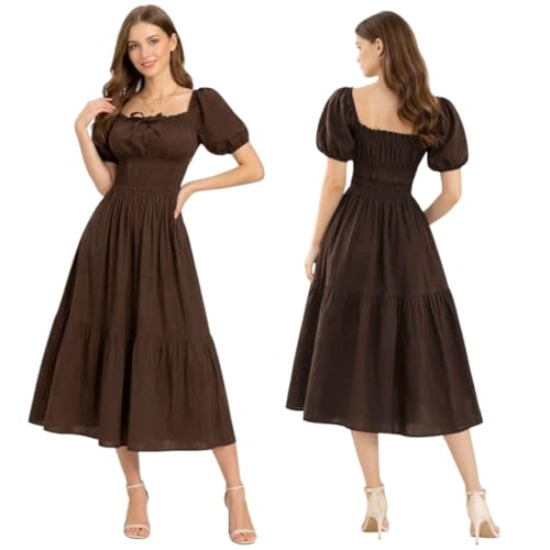 Image of BOOSTY Women's Puff Sleeve Smocked Midi Dress, Square Neck A-Line Dress