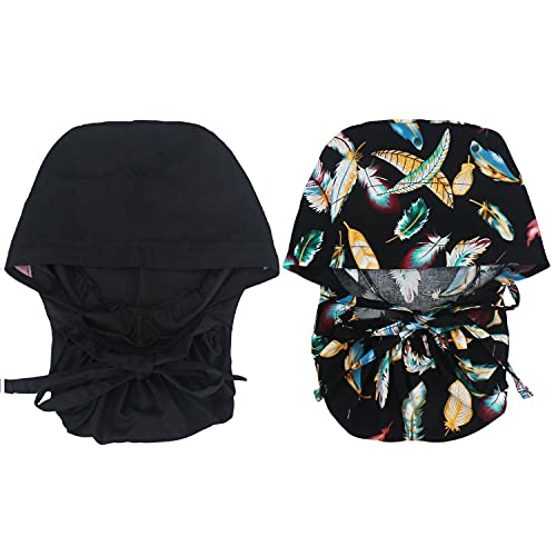 QBA Working Cap with Button Long Hair, 2 PCS, Adjustable working Hat Sweatband Cotton Ponytail Holder, Tie Back Hats for Women & Men, One Size, BLK+BLK Feather