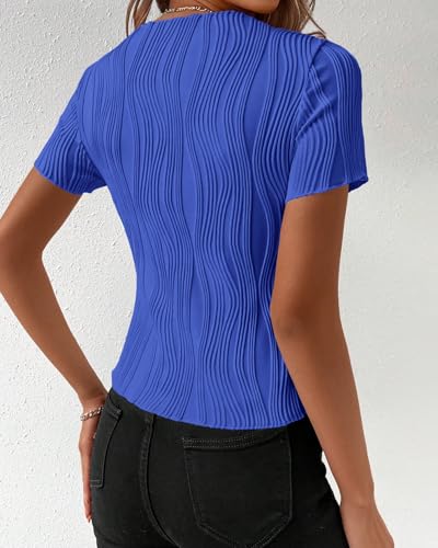 PRETTYGARDEN Women's Summer Tops 2026 Casual Short Sleeve Crewneck Slim Fit T Shirts Basic Knit Y2K Top Textured Blouse(Brilliant Blue,Large) — view 5