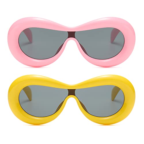 Long Keeper 2 Pair Oversized Oval Sunglasses Women Men Y2K Sunglasses Inflated Frame One Piece Lens Sun Glasses UV4002