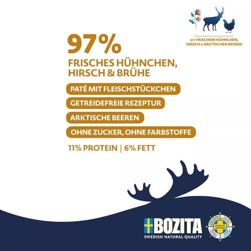Bozita Purely 6 x 370g Huhn & Hirsch im Tetra | Getreidefreies Nassfutter für Hunde | Sehr Hoher Fleischanteil | mit Fleischstückchen | ohne Zucker & ohne künstliche Farbstoffe