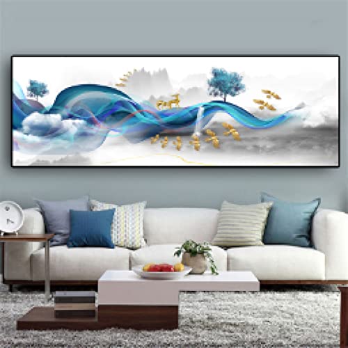 Toile paysage abstrait bleu affiche murale nordique salon 30x90