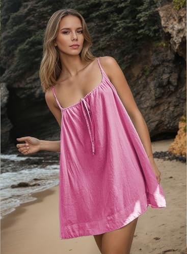 Image of YUENIU Womens Sundresses Mini Linen Beach Cover Up Tank Summer Casual Spaghetti Strap Sleeveless Dress with Pockets