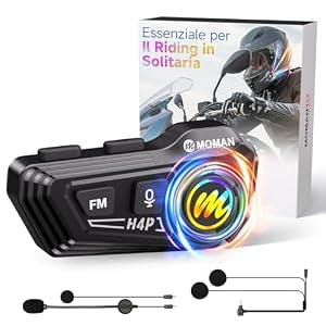 Moman Auricolare Casco Moto-1000mAh Batteria, RS-H4P Cuffie Casco Moto Doppia Riduzione del Rumore con Hi-Fi Microfono Morbida/Dura FM/RGB/IPX6/Controllo Musica/Vocale AI Auricolari Moto Per Singola 1Ciclisti Auricolare×1 H4P