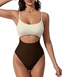 SUUKSESS Women Sexy Cut Out One Piece Swimsuit Tummy Control High Cut Monokini Bathing Suit Slimming Scoop Neck Swimwear (Beige Brown,M)