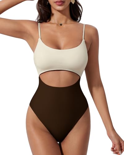 Best Butt Lifting Swimsuits for Saggy Bottoms: 11 Flattering Picks That Actually Work 16 SUUKSESS Women Sexy Cut Out One Piece Swimsuit Tummy Control High Cut Monokini Bathing Suit Slimming Scoop Neck Swimwear (Beige Brown,M)