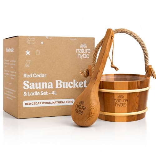 Nature Hytte - Red Cedar Sauna Bucket and Ladle Set 4L (1 Gallon) - Natural Rope Handle - Premium...