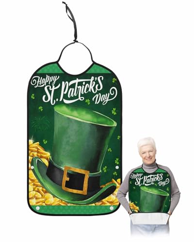 LEOKOTI St. Patrick's Day Adult Bibs for Eating, Waterproof Bibs with Food Catcher & Adjustable Snap Closure, Green Lucky Clover Golden Washable Clothing Protectors Adult Bibs for Elderly Women/Men