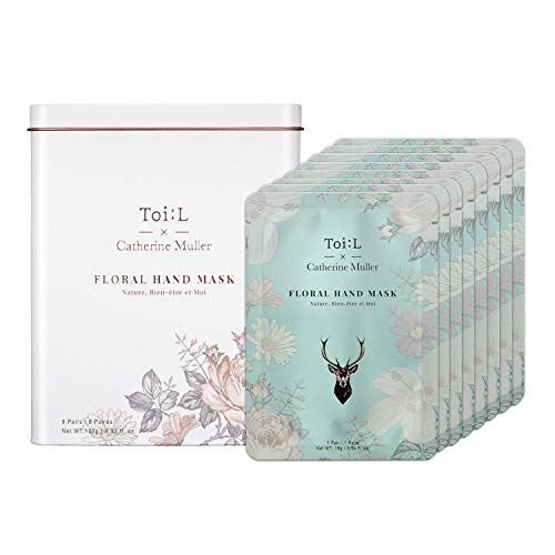 Toi:L x Catherine Muller Floral Hand Mask Glove (1Tin/8Pairs), Moisturizing Glove for dry hands, Premium Hand spa Treatment, Moisturizing, Whitening, and Repairing for Rough & Damaged hands