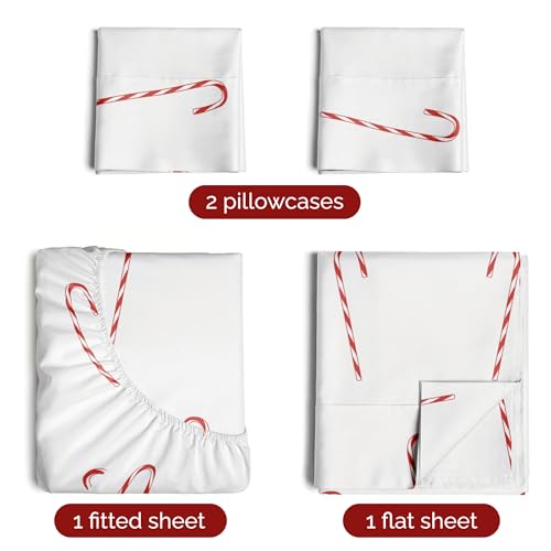 Queen Christmas Candy Canes Sheet Set - Holiday Xmas Pattern Bedding Set - Deep Pockets - Snug Fit - 4 Piece - Wrinkle Free - Cozy Cooling Festive Winter - Holiday Sheets for Women, Men, Kids & Teens