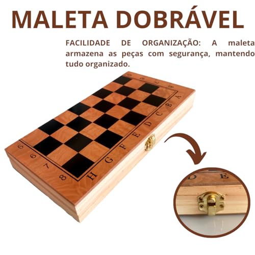 Jogo de Xadrez Tabuleiro Madeira Maleta Dobrável Portátil Brinquedo Educativo Infantil Peças (29 x 2