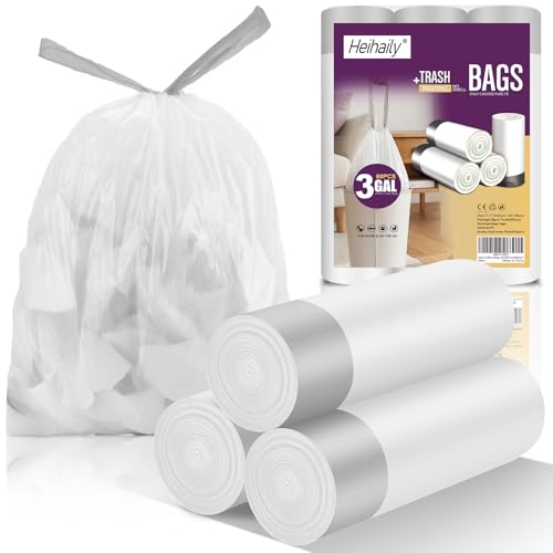 Image of Small 3 Gallon Garbage Bags - Heihaily 60 Counts Unscented Drawstring Kitchen Trash Bags Bulk Thick Disposable Clear White Plastic Wastebasket Liners for Restroom Office Bathroom Bedroom