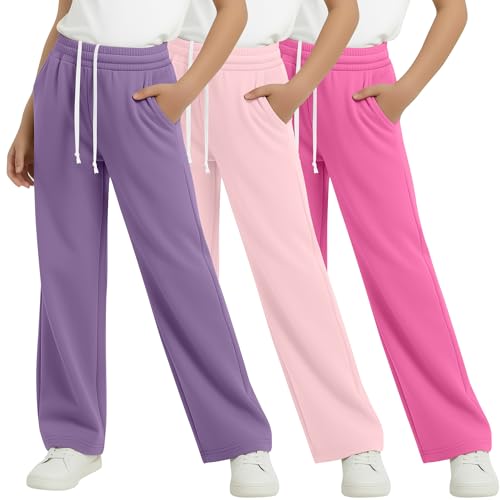 LessonZoo 3 Pack Girls Wide Leg Sweatpants Kids Straight Leg Baggy Joggers Casual Drawstring Athletic Pants Back to School(13-14 Years Purple Light Pink Rose Red)