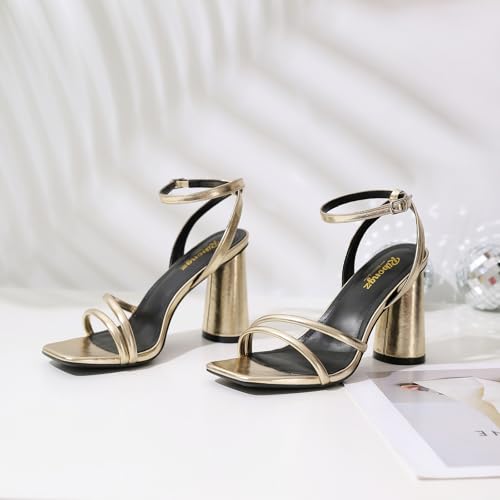 Image of RIBONGZ Block Heels Prom Heeled Sandals for Women Chunky Square Open Toe Strappy High Heels Ankle Strap Wedding Bridal Shoes High Heel Sandals for Party Dress