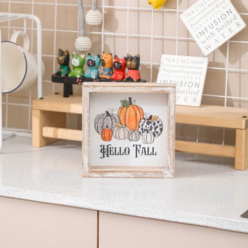 Image of Embossed Pumpkin Sign, Farmhouse Autumn Decorations, Wooden Fall Tiered Tray Decor for Shelf Cubicle Desk Mantel, Rustic Thanksgiving Table Decor