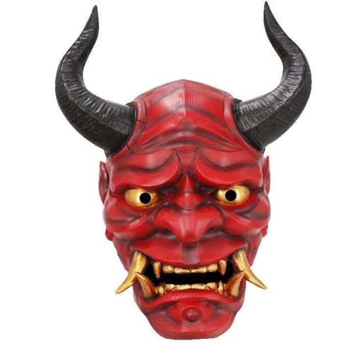 HTLNUZD Full Face Mask Halloween Latex Mask Cosplay Japanese for PrajnaHeadgear Samurai Evil KabukiHannya Party Mask Decorate (Resin version-Horned red mask)