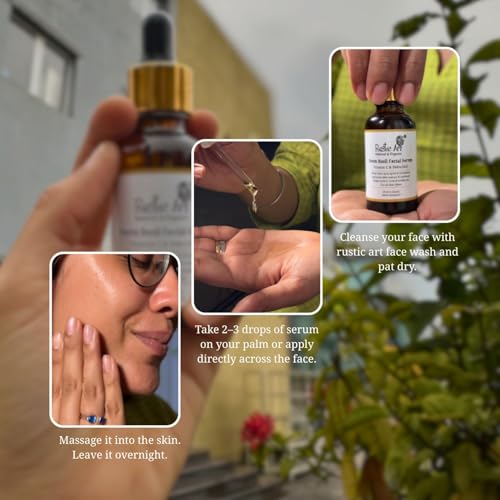 Image of Rustic Art Neem Basil Facial Serum | Vitamin C & Bakuchiol | Controls acne & breakouts, fades dark spots | Imrpoves skin radiance | For all skin types | Organic & Natural |30 ml