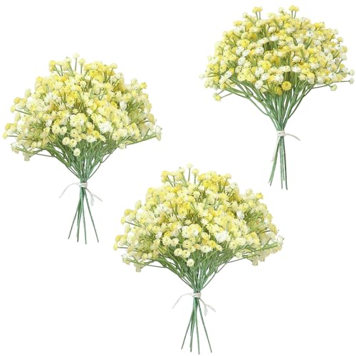 Floroom 18pcs Artificial Babys Breath Gypsophila Greenery Sprays, Real Touch Canary Yellow Fake Flowers for Wedding Bouquets Centerpieces Floral Arrangements and Decorations