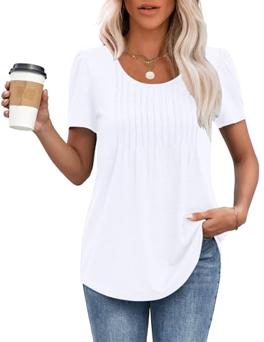 MOLERANI T Shirts for Women UK Round Neck Loose Casual Puff Short Sleeve Summer Tee Tops Front Pleated T Shirt White 3XL