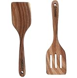 2pcs Wooden Spatulas Natural Acacia Solid Wood Slotted Turner Spatula Set Long Handle Flat Frying Spatulas Wood Turners Non-stick Cooking Spoon with Slotted Spatula Ideal Kitchen Gift