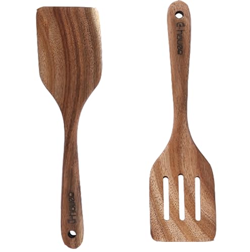 2pcs Wooden Spatulas Natural Acacia Solid Wood Slotted Turner Spatula Set Long Handle Flat Frying...