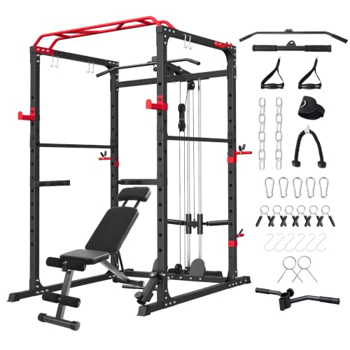 HULKFIT Power Rack with Weight Bench, Squat Rack with LAT Pulldown for Home