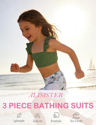 Image of ALISISTER Girls Swimsuit 3 Piece Bathing Suits Summer Bikini Tankini Sets with Cover Up Skirt for 4-12 Years