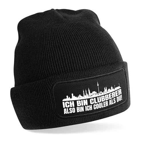 Beanie Strickmütze mit Spruch | Ich bin Clubberer also bin ich cooler als du! | schwarz | weiche und warme Fußball Mütze für Nürnberg Fan | Skyline | SoftTouch Einheitsgröße für Erwachsene