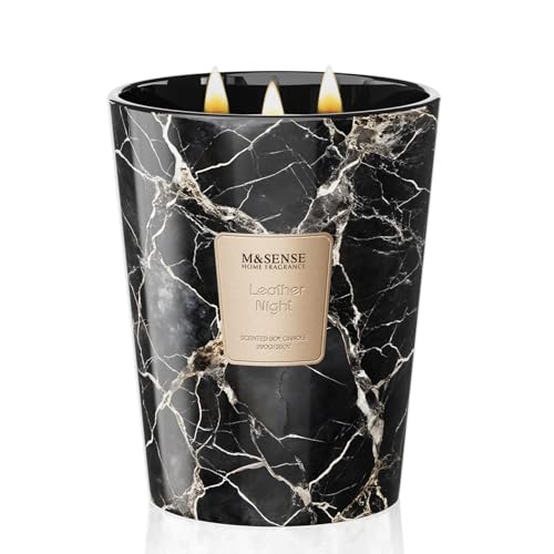 M&SENSE 990g Duftkerze Groß|Schwarz Leder-Nacht Duftkerzen im Glas|Natürliche Sojawachs Kerzen|Geschenk für Frauen & Männer,Weihnachten|150h Brenndauer, 3 Docht,Home Scented Oversize