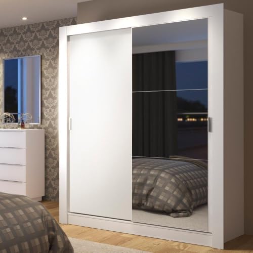 Madesa Guarda-Roupa Solteiro Dallas Plus 2 Portas de Correr com Espelho 4 Gavetas - Branco