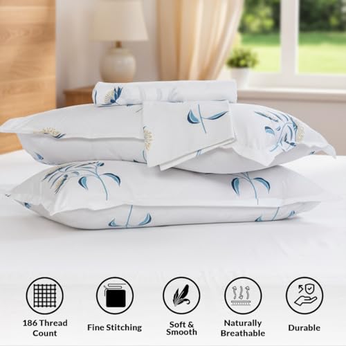 Image of HOMEMONDE Cotton Fitted Sheet Double Size Elastic Fitted Bedsheets with Two Pillow Covers |186 TC | Floral Design (78 X 60 inch, Turquoise & Blue) | Perfect for Home Decor & Gifting